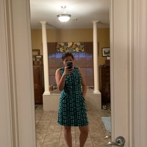 Turquoise, nave & white sleeveless belted dress